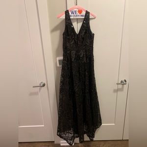 Black Calvin Klein high-low evening gown